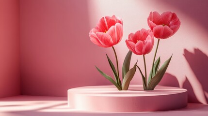 Fototapeta premium Pink vase containing three vibrant pink tulips arranged elegantly on a neutral background