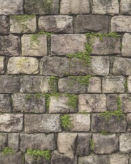 Ancient Stone Wall Texture with Green Moss and Plants, Weathered Brickwork Background