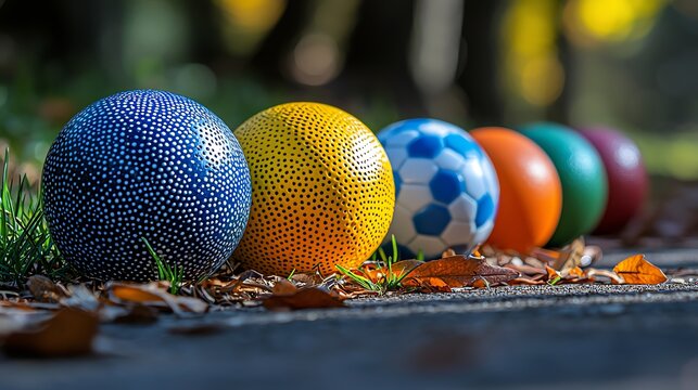 A row of different types of balls on grass, symbolizing multiple sports