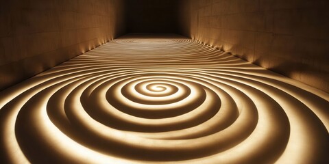 Fototapeta premium Abstract Architecture Concrete Hallway with Striking Illuminated Spiral Pattern on Floor.