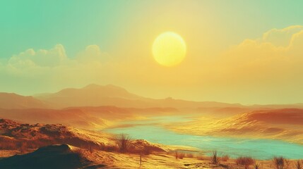 Fototapeta premium Surreal Desert Landscape with Turquoise River and Glowing Sun, Abstract Arid Environment