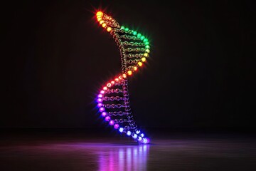 Colorful DNA double helix model on dark floor. Science concept