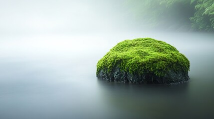 Misty morning, mossy rock, tranquil water
