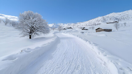 Obraz premium Snowy mountain road, winter village, clear sky, idyllic scene, postcard