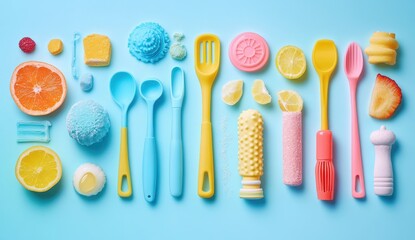Colorful Kitchen Tools and Fresh Fruits Arranged Neatly on Blue Surface, Featuring Vibrant Spatulas, Scoops, and Sweet Treats Decoration