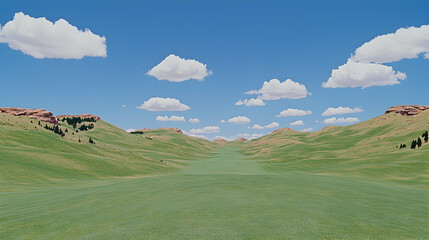 Rolling hills, green valley, blue sky, summer day; scenic travel postcard