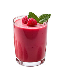 a glass of refreshing raspberry smoothie with mint leaves.