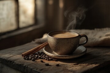 Fototapeta premium Rustic Coffee Still Life Steaming Cup, Beans, and Cinnamon on Aged Wood