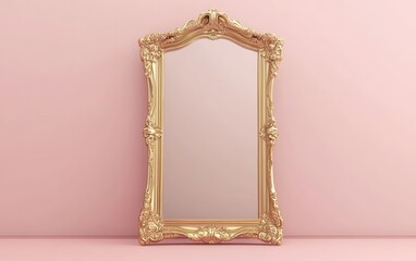 Ornate Gold Mirror on Blush Pink Background Minimalist Interior Design Element.
