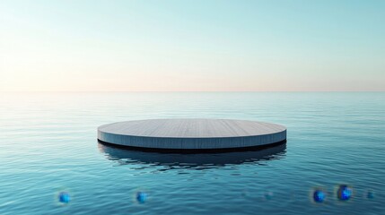 Floating swimming pool in the middle of the ocean surrounded by water and clear sky