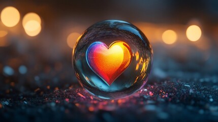 A vibrant heart encased within a clear sphere reflecting warm light and surrounding darkness