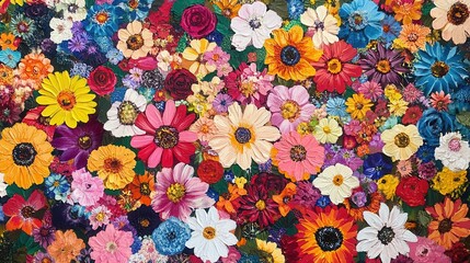 Vibrant Oil Painting Floral Composition Impasto Flowers in a Colorful Garden.