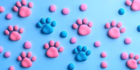 Adorable Pink and Blue Paw Prints Pattern on a Light Blue Background