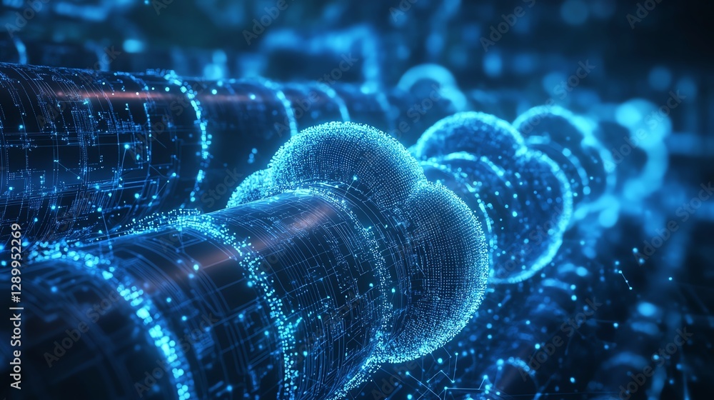 Poster Stunning digital illustration of cloud computing and pipe networks, symbolizing the automation and data flow of Industry 40, machine learning processes, and digital infrastructure