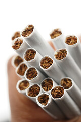 Cigarettes bundled together held in hand against a plain background