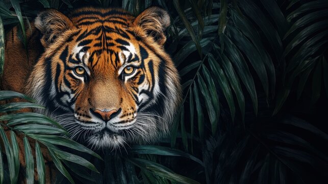 A tiger resting on a rock in a dense jungle surrounded by lush greenery and tropical plants