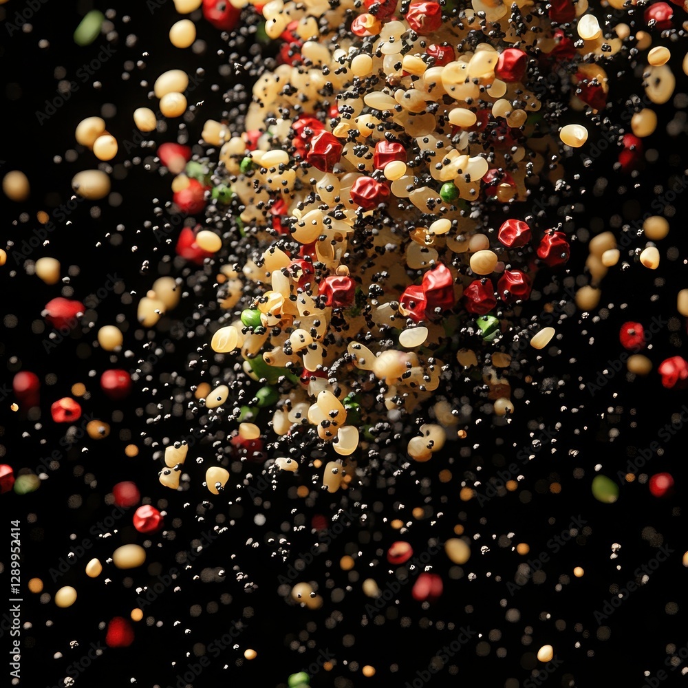 Poster colorful spices and seeds rain down on a dark background, creating a dynamic display of texture and 