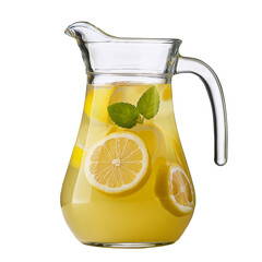 a refreshing pitcher of lemonade with lemon slices and mint leaves.