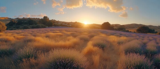 Scenic Lavender Field at Sunset A Golden Hour Landscape in Provence, France