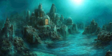 Underwater city of atlantis with glowing doorway and structures