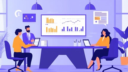 Three people at a table looking at charts on a screen in a meeting room