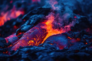 Molten lava flows at night