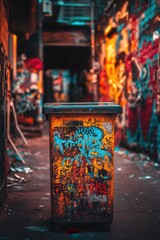 Graffiti-Covered Trash Can in Urban Alleyway Grungy, Colorful, and Textured Street Art.