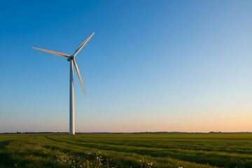 White Wind Turbine Amid Lush Green Field and Vibrant Horizon