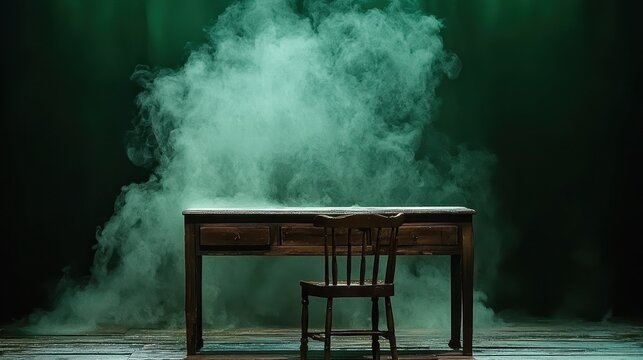 A stage bathed in a dramatic, emerald green glow, illuminated by a powerful spotlight, exudes a sense of anticipation, promising to reveal a captivating product that deserves to be admired. 