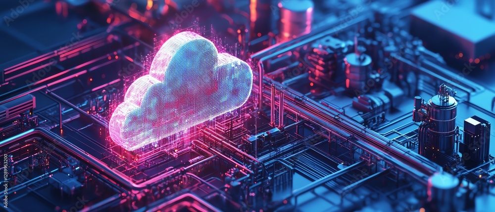 Poster Creative illustration of cloud computing linked to a pipe network
