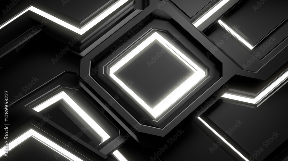 Poster abstract geometric design with glowing white lines and squares on a dark background.