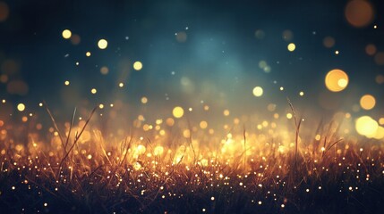 Fototapeta premium Enchanted Meadow Golden Bokeh Lights Twinkling Over Grass at Dusk