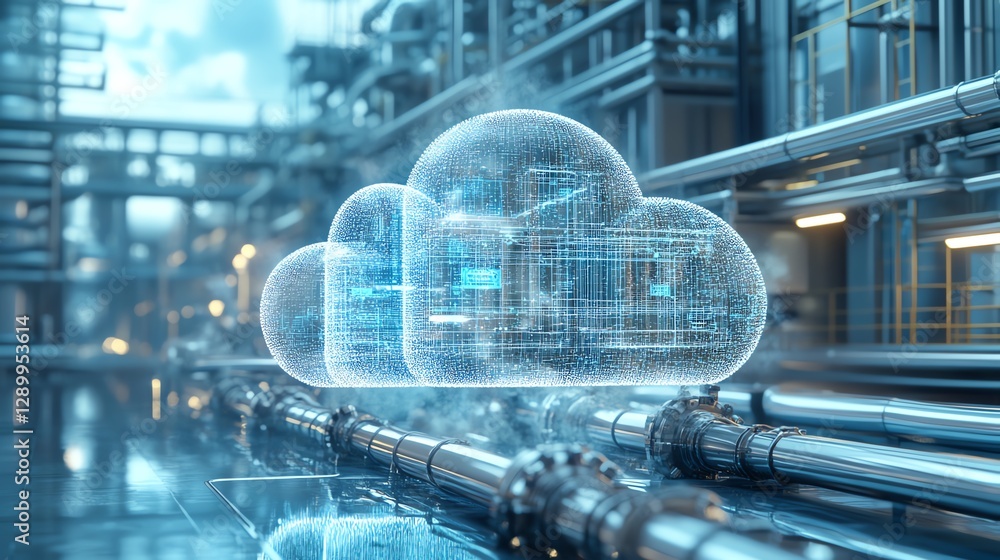 Poster Futuristic artwork of cloud computing interacting with a pipe network, representing Industry 40, automation, cyberspace, and the flow of data through machine learning processes