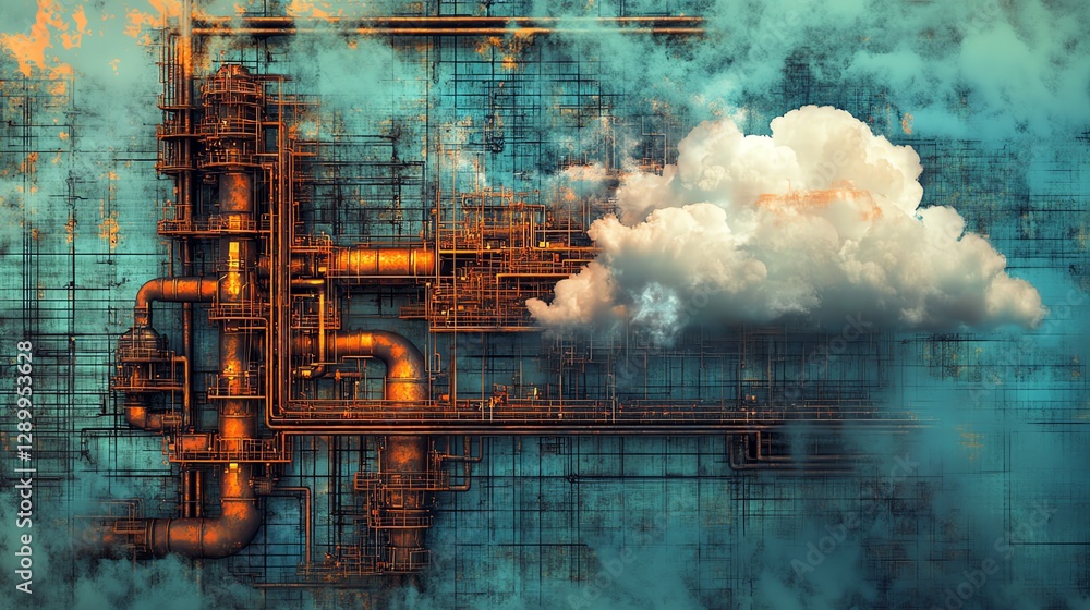 Aufkleber futuristic artwork of cloud computing interacting with a pipe network, representing industry 40, aut