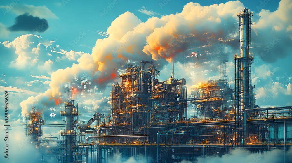 Poster Futuristic artwork of cloud computing interacting with a pipe network, representing Industry 40, automation, cyberspace, and the flow of data through machine learning processes