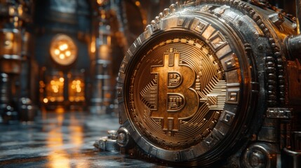 Fototapeta premium Intricate Bitcoin Symbol in a Futuristic Vault Setting