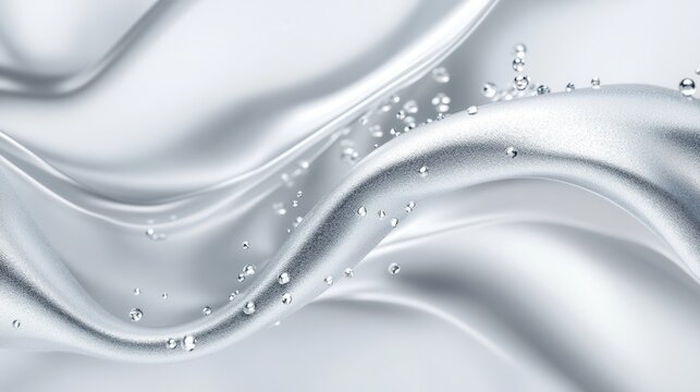 Abstract Silver Fabric Wave with Water Droplets, Liquid Metal Background