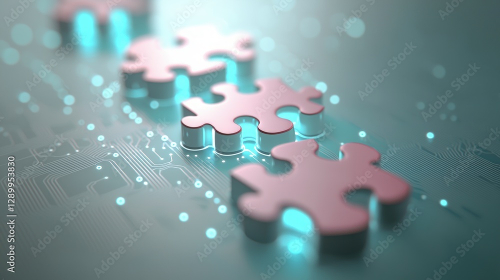 Poster glowing puzzle pieces on circuit board technology connection solution
