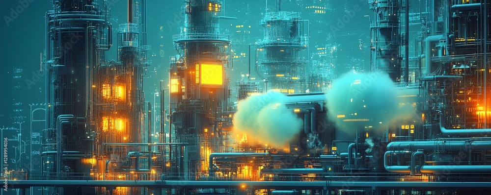Poster Illustration of cloud computing and pipe network, reflecting Industry 40 automation, data pipelines, and machine learning processes in modern digital infrastructure