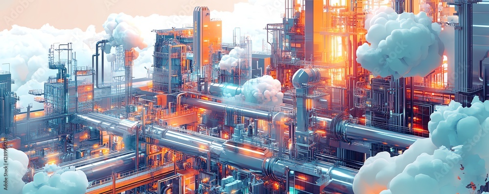 Poster Illustration of cloud computing and pipe network, reflecting Industry 40 automation, data pipelines, and machine learning processes in modern digital infrastructure