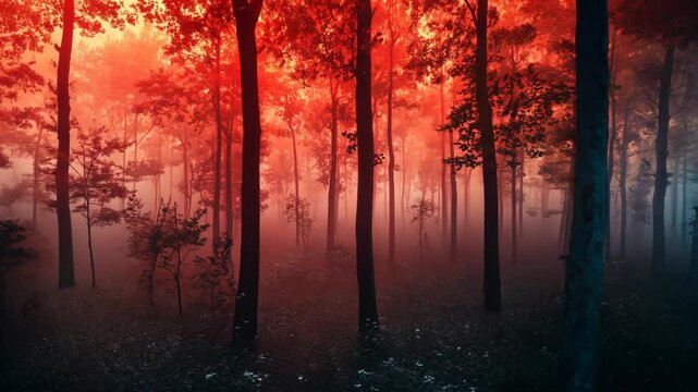 Enchanting red forest scene with fog and trees, creating a mystical and atmospheric ambiance.