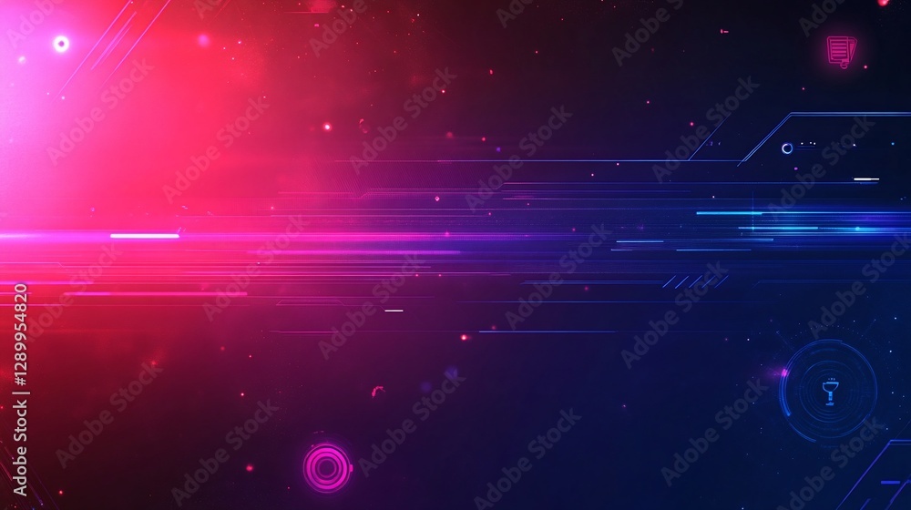 Poster abstract digital interface with vibrant lines and icons against a dark gradient background