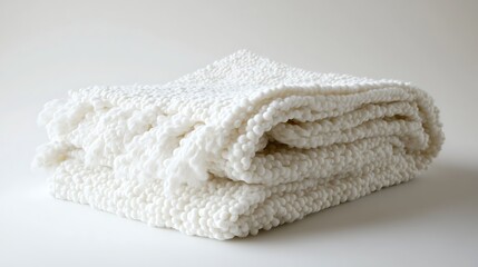 Folded white knitted blanket on plain background