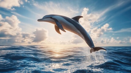 Fototapeta premium Dolphin Leaping Above Ocean Waves Under Beautiful Sunset Sky