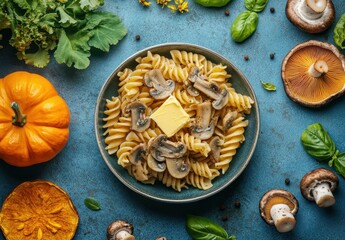Fototapeta premium Creamy Mushroom Pasta with Butter and Fresh Vegetables on a Rustic Blue Background