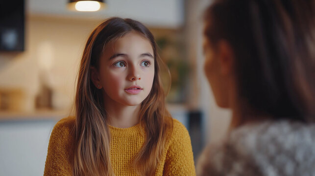 Little girl, 11 years old, talking with her mother, inside the house