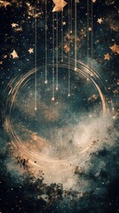 Celestial Abstract Background with Golden Stars, Glowing Orbs, and Grunge Texture for Dreamy and Magical Designs.