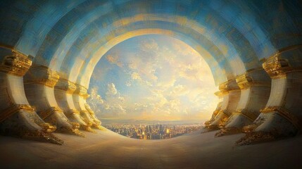 Futuristic Cityscape Viewed Through Golden Archway