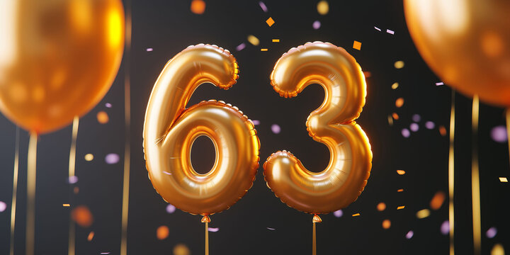 Golden balloons in the shape of the number 63, with golden decorations, celebrations to celebrate birthday or anniversary. Black background