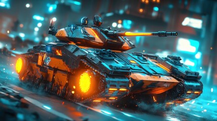 A futuristic armored tank maneuvering through a neon-lit urban environment, showcasing advanced technology and dynamic lighting effects, with a bustling cityscape in the background